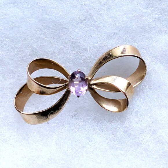Vintage Designer Winard Signed 12K Yellow Gold Filled Amethyst Bow Brooch Pin - Picture 5 of 9
